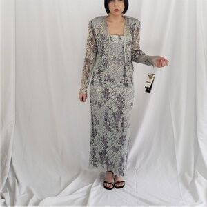 Sheer Floral Lace Maxi Dress in Gray and Lavender